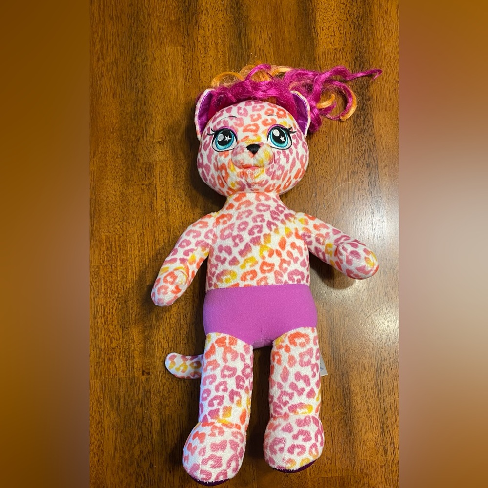 Build A Bear Honey girls Keely, Leopard, Plush, rainbow tie-dye. 19 inches tall.